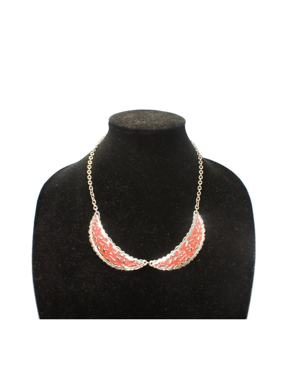 Vintage Silver Tone and Orange Enamel Bib Necklace, 18" Necklace.